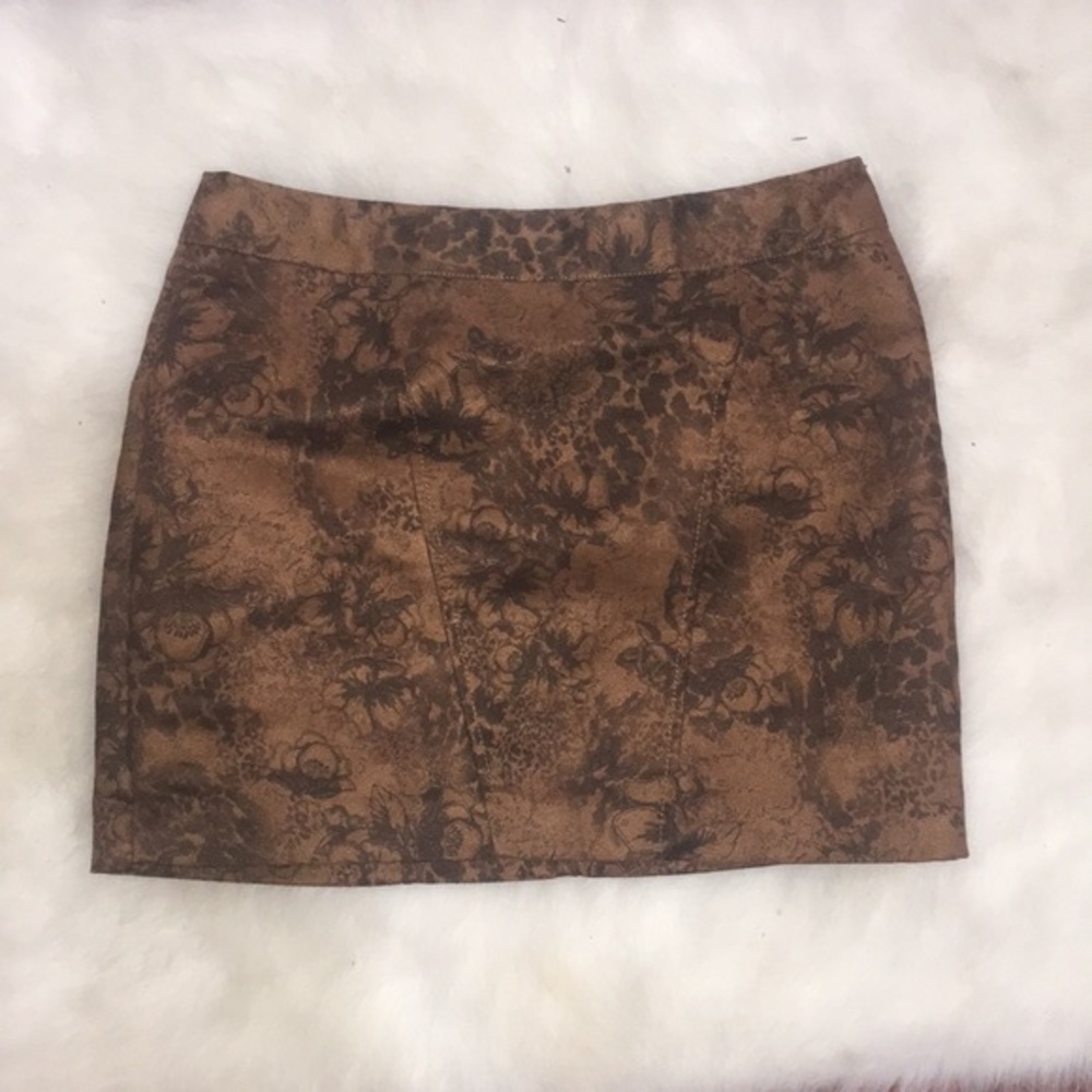 Brown Floral Faux Suede Mini Skirt